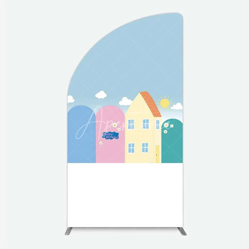 Aperturee - Aperturee Happy Birthday Cartoon Houses Half Moon Arch Backdrop Simple Blue Sky with Sun and Clouds Background Kids Cute Town