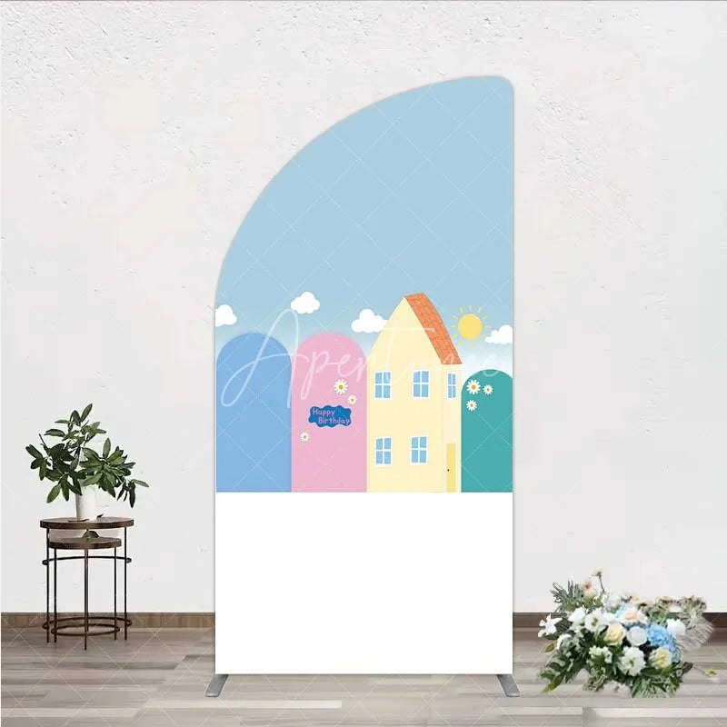Aperturee - Aperturee Happy Birthday Cartoon Houses Half Moon Arch Backdrop Simple Blue Sky with Sun and Clouds Background Kids Cute Town