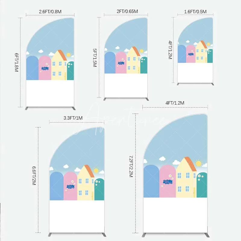 Aperturee - Aperturee Happy Birthday Cartoon Houses Half Moon Arch Backdrop Simple Blue Sky with Sun and Clouds Background Kids Cute Town
