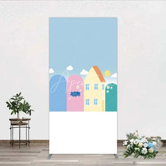Aperturee - Aperturee Happy Birthday Cartoon Houses Rectangle Backdrop Simple Blue Sky with Sun and Clouds Background Kids Cute Town Party