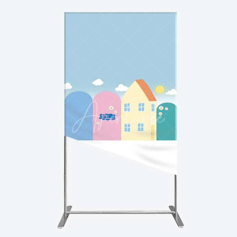 Aperturee - Aperturee Happy Birthday Cartoon Houses Rectangle Backdrop Simple Blue Sky with Sun and Clouds Background Kids Cute Town Party