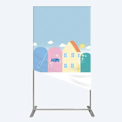 Aperturee - Aperturee Happy Birthday Cartoon Houses Rectangle Backdrop Simple Blue Sky with Sun and Clouds Background Kids Cute Town Party
