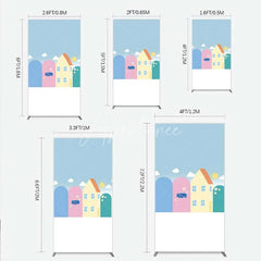 Aperturee - Aperturee Happy Birthday Cartoon Houses Rectangle Backdrop Simple Blue Sky with Sun and Clouds Background Kids Cute Town Party
