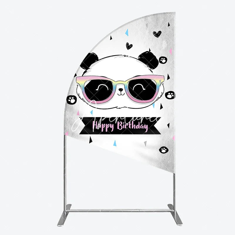 Aperturee - Aperturee Happy Birthday Cartoon Panda Half Moon Arch Backdrop with Rainbow Sunglasses Silver Textured Background Party Decor