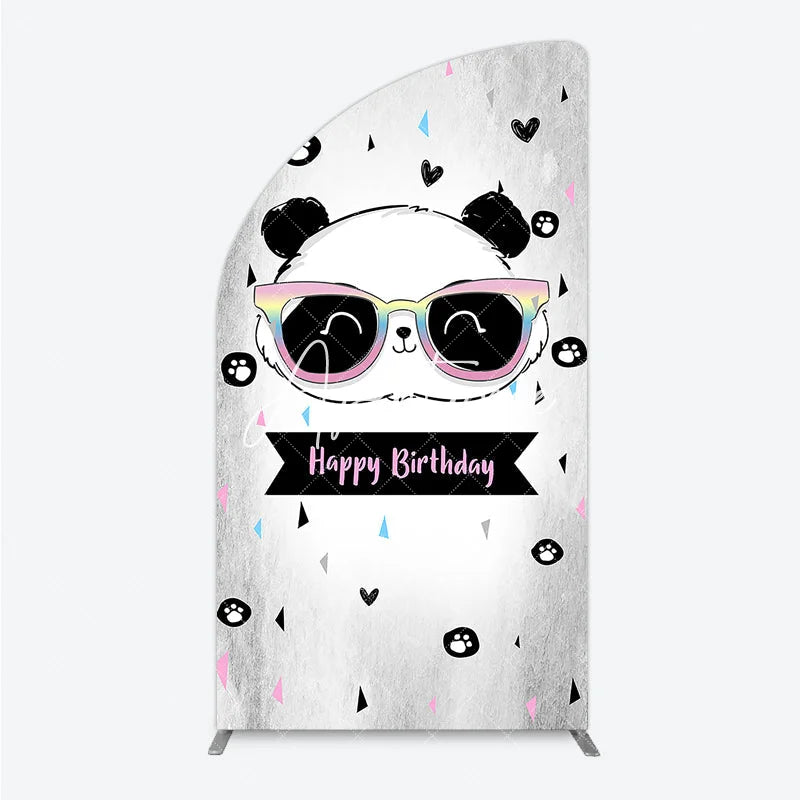 Aperturee - Aperturee Happy Birthday Cartoon Panda Half Moon Arch Backdrop with Rainbow Sunglasses Silver Textured Background Party Decor