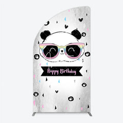 Aperturee - Aperturee Happy Birthday Cartoon Panda Half Moon Arch Backdrop with Rainbow Sunglasses Silver Textured Background Party Decor