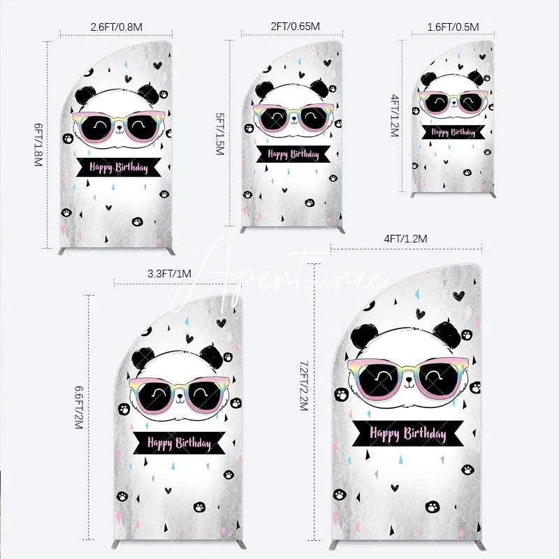 Aperturee - Aperturee Happy Birthday Cartoon Panda Half Moon Arch Backdrop with Rainbow Sunglasses Silver Textured Background Party Decor