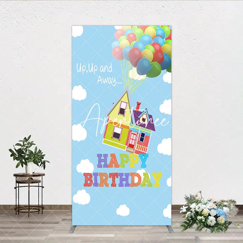 Aperturee - Aperturee Happy Birthday Colorful Balloons Floating House Rectangle Arch Backdrop Whimsical Sky Adventure Decor