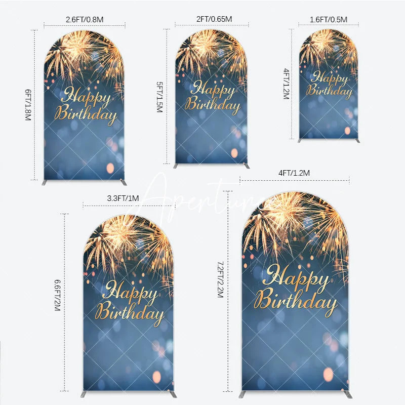 Aperturee - Aperturee Happy Birthday Golden Sparkling Bursts Round Top Arch Backdrop Blue Elegant Party Decoration