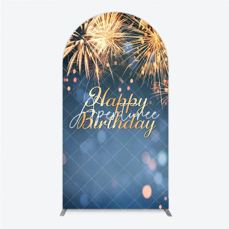 Aperturee - Aperturee Happy Birthday Golden Sparkling Bursts Round Top Arch Backdrop Blue Elegant Party Decoration