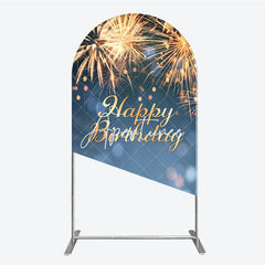 Aperturee - Aperturee Happy Birthday Golden Sparkling Bursts Round Top Arch Backdrop Blue Elegant Party Decoration