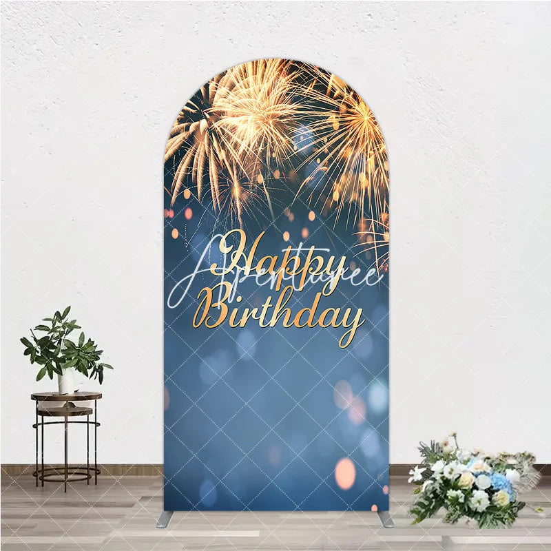 Aperturee - Aperturee Happy Birthday Golden Sparkling Bursts Round Top Arch Backdrop Blue Elegant Party Decoration