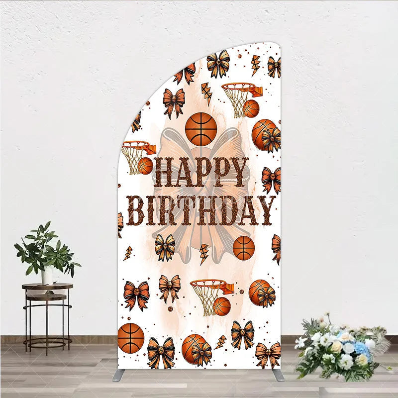 Aperturee - Aperturee Happy Birthday Half Moon Arch Backdrop Basketballs or Bows Gender Reveal He or She Sports Theme Party Decor
