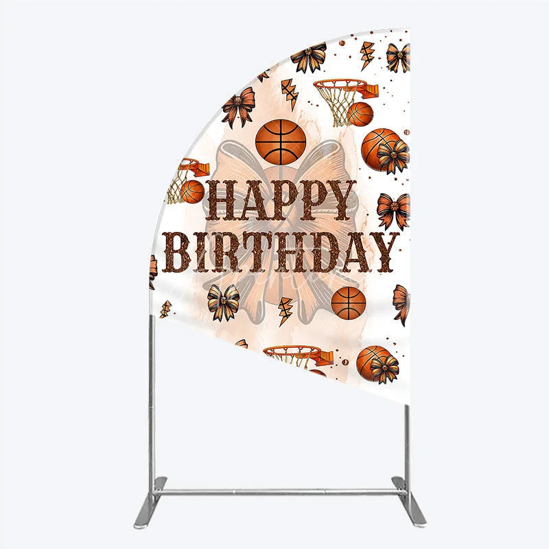 Aperturee - Aperturee Happy Birthday Half Moon Arch Backdrop Basketballs or Bows Gender Reveal He or She Sports Theme Party Decor