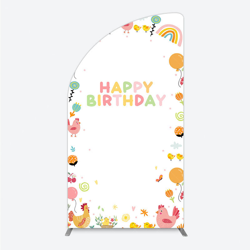 Aperturee - Aperturee Happy Birthday Half Moon Arch Backdrop for Kids Cute Farm Friends with Chicken and Chicks Sunshine and Rainbow Party