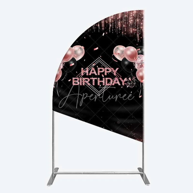 Aperturee - Aperturee Happy Birthday Half Moon Arch Backdrop Rose Gold Balloons Black Glitter Champagne Decor