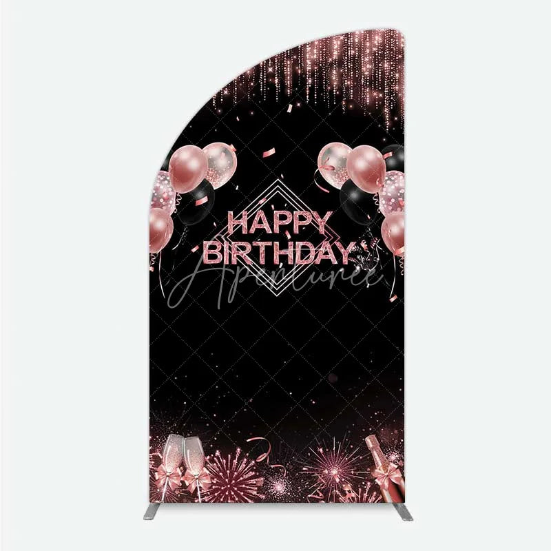 Aperturee - Aperturee Happy Birthday Half Moon Arch Backdrop Rose Gold Balloons Black Glitter Champagne Decor