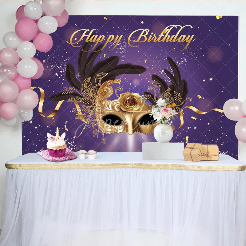 Aperturee - Aperturee Happy Birthday Masquerade Mask Backdrop Purple and Gold Glitter Rose Party Background Royal Venetian Prom Decorations
