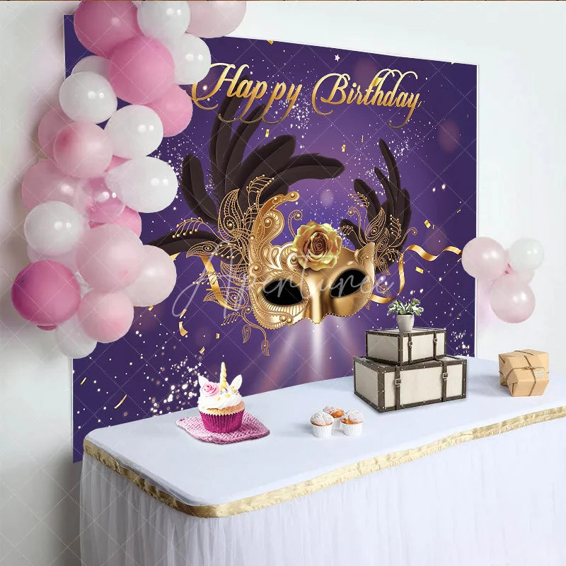 Aperturee - Aperturee Happy Birthday Masquerade Mask Backdrop Purple and Gold Glitter Rose Party Background Royal Venetian Prom Decorations