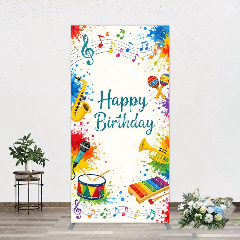 Aperturee - Aperturee Happy Birthday Musical Instruments Rectangle Arch Backdrop Vibrant Colorful Paint Splatters Party Decor