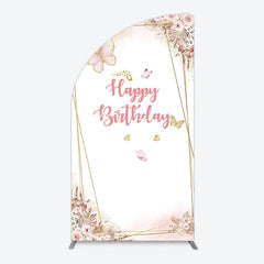Aperturee - Aperturee Happy Birthday Pink Gold Butterfly Half Moon Arch Backdrop Elegant Bohemian Floral Decor.