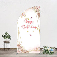Aperturee - Aperturee Happy Birthday Pink Gold Butterfly Half Moon Arch Backdrop Elegant Bohemian Floral Decor.