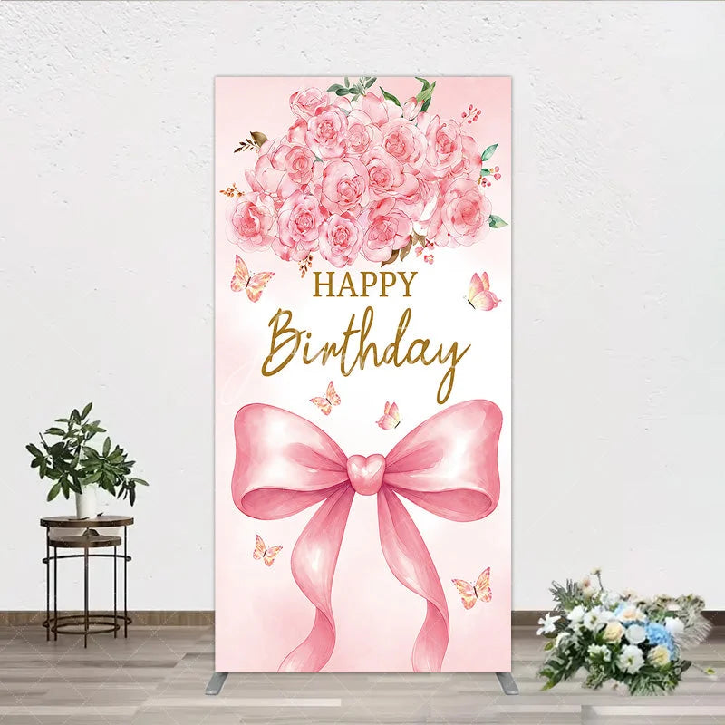 Aperturee - Aperturee Happy Birthday Pink Roses and Bow Rectangle Arch Backdrop Elegant Watercolor Butterfly Party Decor