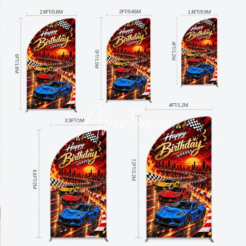 Aperturee - Aperturee Happy Birthday Racing Car Half Moon Arch Backdrop Dynamic Checkered Flags and Trophy Sunset City Race Party Decor