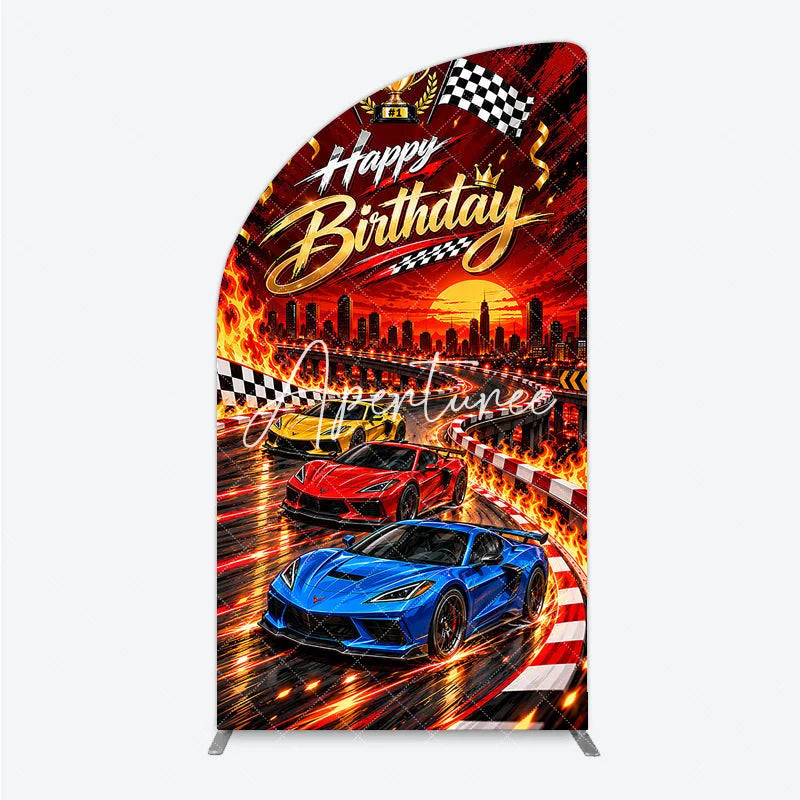 Aperturee - Aperturee Happy Birthday Racing Car Half Moon Arch Backdrop Dynamic Checkered Flags and Trophy Sunset City Race Party Decor