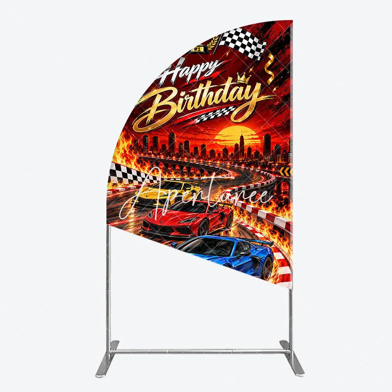 Aperturee - Aperturee Happy Birthday Racing Car Half Moon Arch Backdrop Dynamic Checkered Flags and Trophy Sunset City Race Party Decor