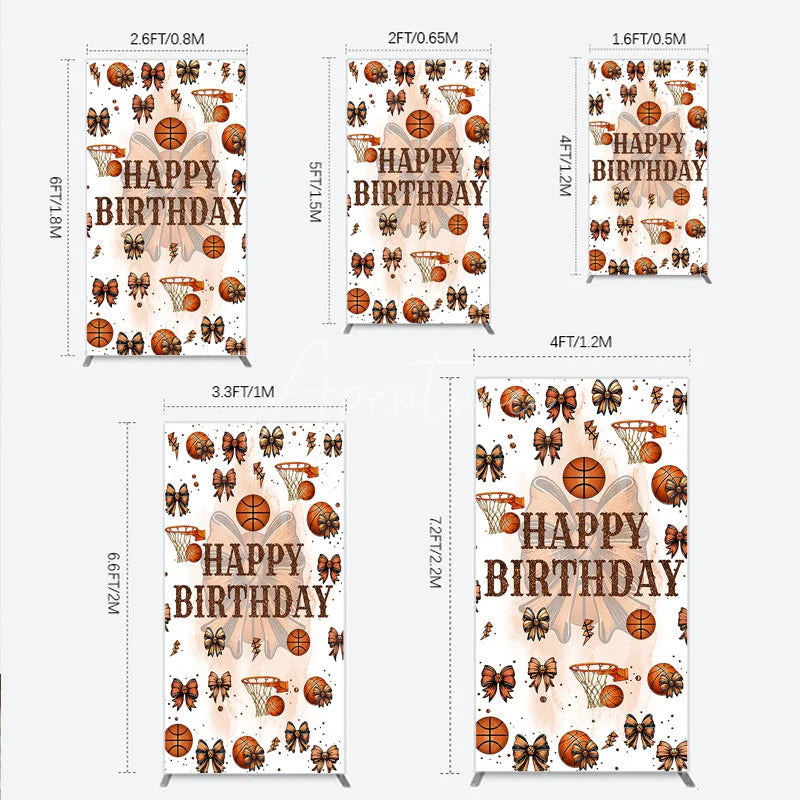 Aperturee - Aperturee Happy Birthday Rectangle Backdrop Basketballs or Bows Gender Reveal He or She Sports Theme Party Decor