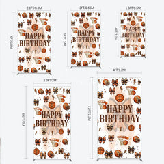 Aperturee - Aperturee Happy Birthday Rectangle Backdrop Basketballs or Bows Gender Reveal He or She Sports Theme Party Decor