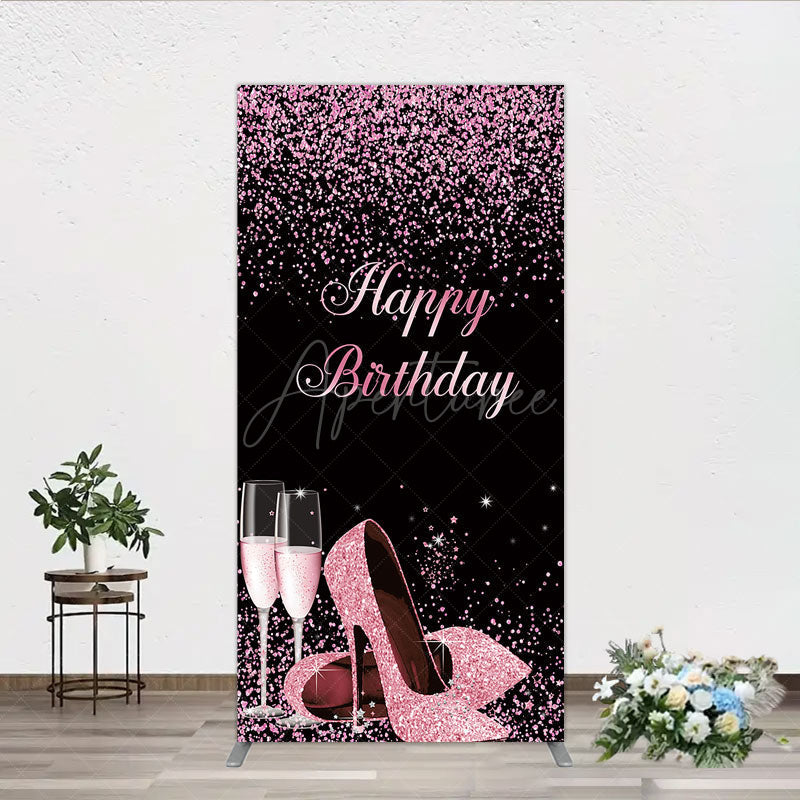 Aperturee - Aperturee Happy Birthday Rectangle Backdrop for Her Pink Glitter High Heels and Champagne Fabulous Women’s Party Photo Prop