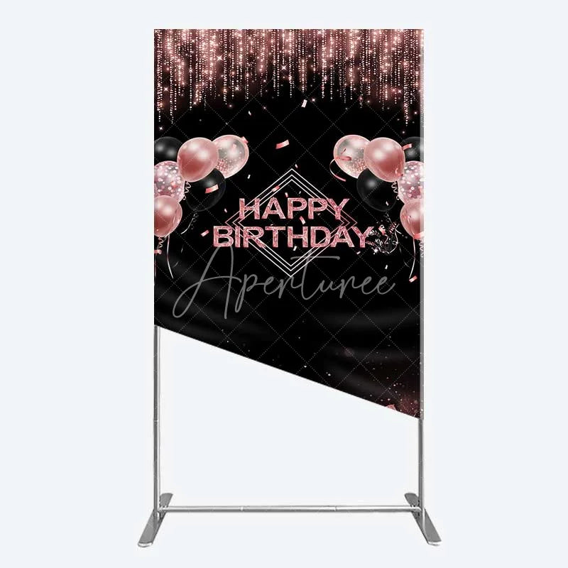 Aperturee - Aperturee Happy Birthday Rectangle Backdrop Rose Gold Balloons Black Glitter Champagne Decor