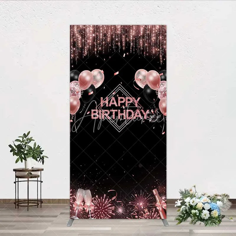 Aperturee - Aperturee Happy Birthday Rectangle Backdrop Rose Gold Balloons Black Glitter Champagne Decor