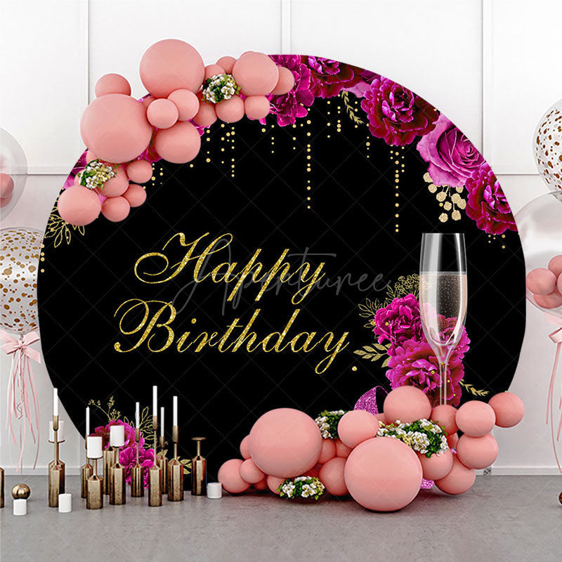 Aperturee - Aperturee Happy Birthday Round Backdrop for Her Black and Magenta with Floral and Champagne Elegant High Heels Party