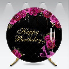 Aperturee - Aperturee Happy Birthday Round Backdrop for Her Black and Magenta with Floral and Champagne Elegant High Heels Party