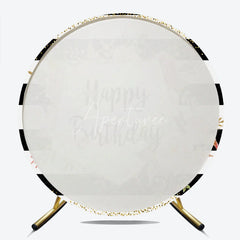 Aperturee - Aperturee Happy Birthday Round Backdrop for Her Black and White Stripes with Pink Floral Elegant Gold Glitter Party Decor