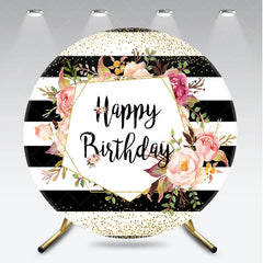 Aperturee - Aperturee Happy Birthday Round Backdrop for Her Black and White Stripes with Pink Floral Elegant Gold Glitter Party Decor