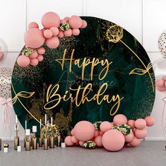 Aperturee - Aperturee Happy Birthday Round Backdrop in Emerald Green and Gold Elegant Marble Texture Modern Party Photo Booth Decor