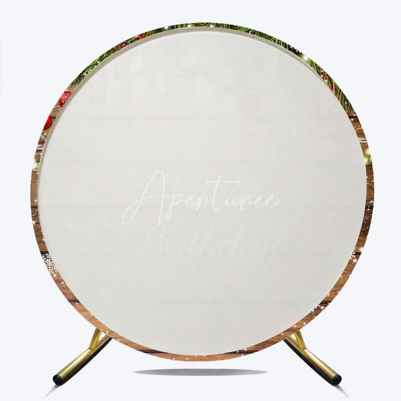 Aperturee - Aperturee Happy Birthday Round Backdrop Rustic Wood Winter Snow Pine Christmas Light