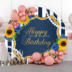 Aperturee - Aperturee Happy Birthday Round Backdrop Sunflower and Blue Rose Floral Navy Blue White Stripes Party Decor
