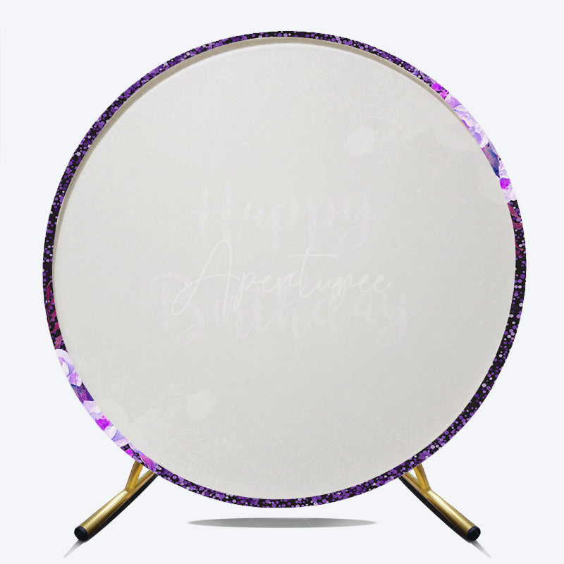Aperturee Aperturee Happy Birthday Round Backdrop for Women Black and Purple Glitter with Floral Elegant Milestone Party Photo Prop