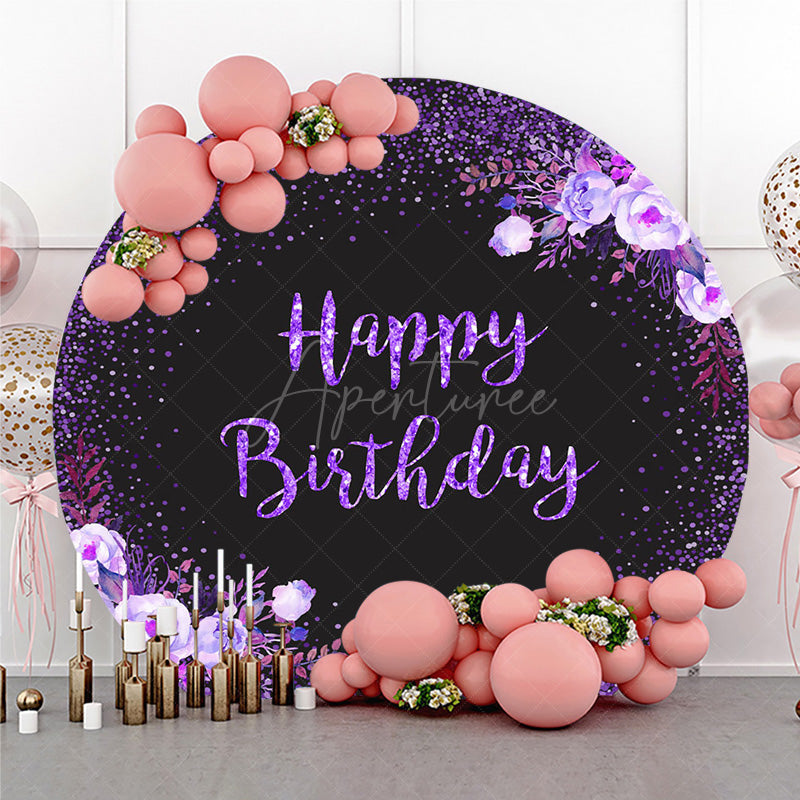 Aperturee Aperturee Happy Birthday Round Backdrop for Women Black and Purple Glitter with Floral Elegant Milestone Party Photo Prop
