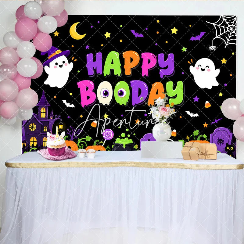 Aperturee - Aperturee Happy Booday Halloween Birthday Backdrop Cute Cartoon Ghosts Pumpkins and Haunted House Decor