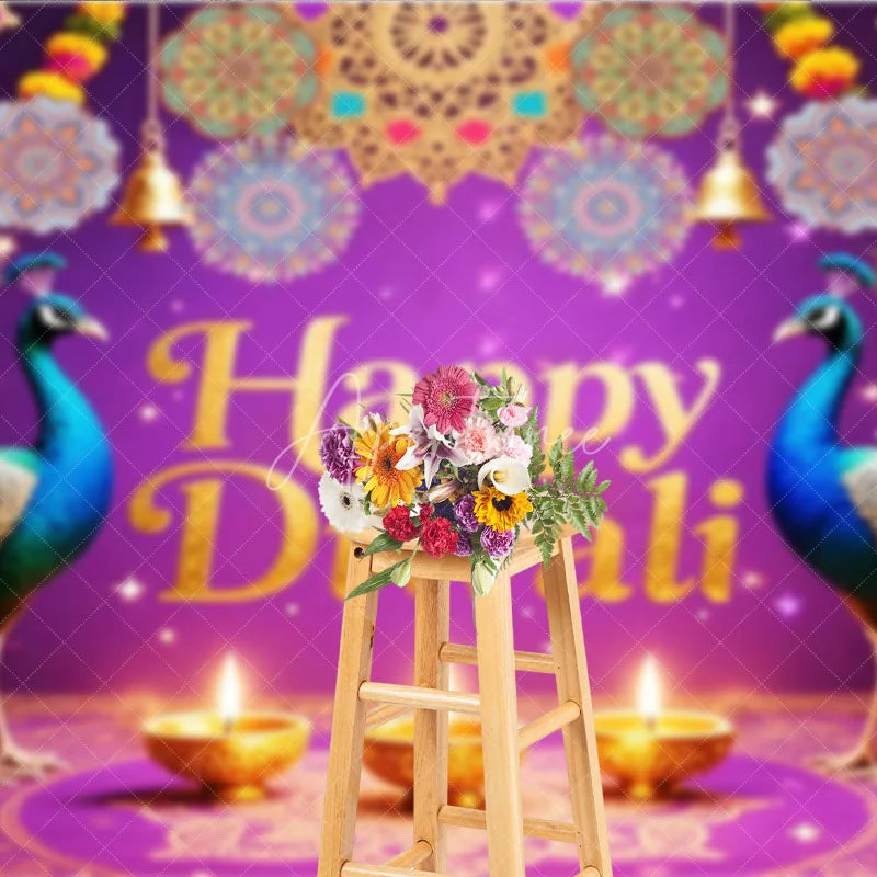 Aperturee - Aperturee Happy Diwali Backdrop for Festival of Lights Indian Celebration with Peacocks Diya Lamps and Mandala Decor