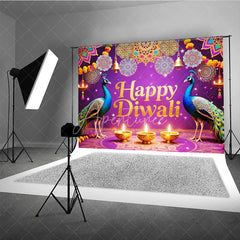 Aperturee - Aperturee Happy Diwali Backdrop for Festival of Lights Indian Celebration with Peacocks Diya Lamps and Mandala Decor