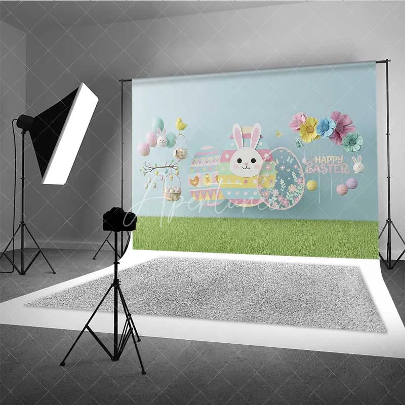 Aperturee - Aperturee Happy Easter Backdrop Blue Paper Craft Style Bunny Flower Eggs Photography Background Kids Party Decoration