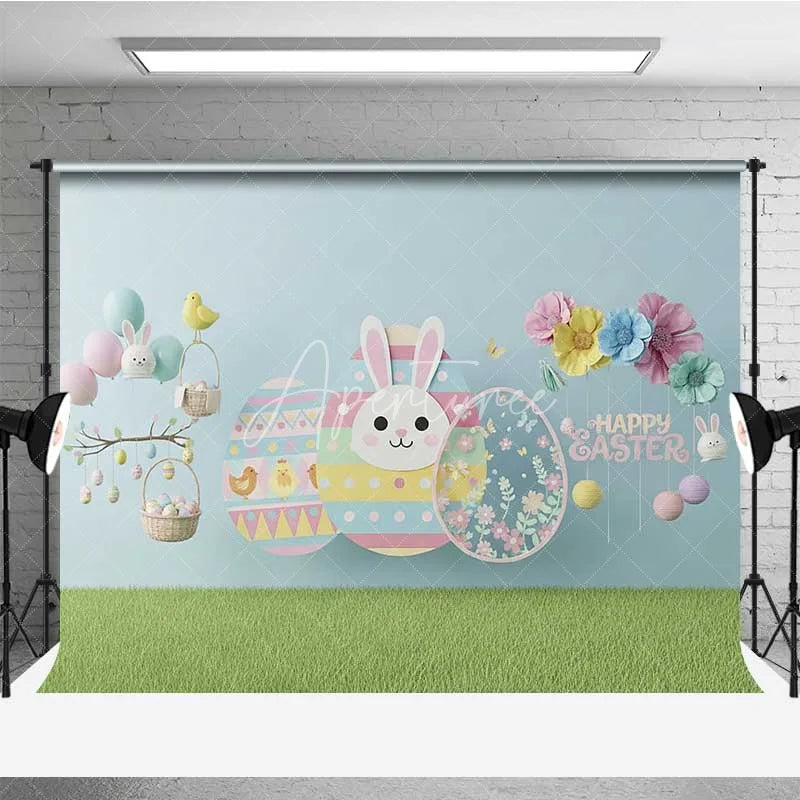 Aperturee - Aperturee Happy Easter Backdrop Blue Paper Craft Style Bunny Flower Eggs Photography Background Kids Party Decoration