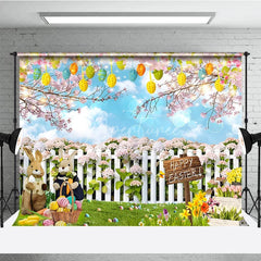 Aperturee - Aperturee Happy Easter Backdrop Bunnies and Basket in Flower Garden with White Fence Background Spring Nature Party Decor